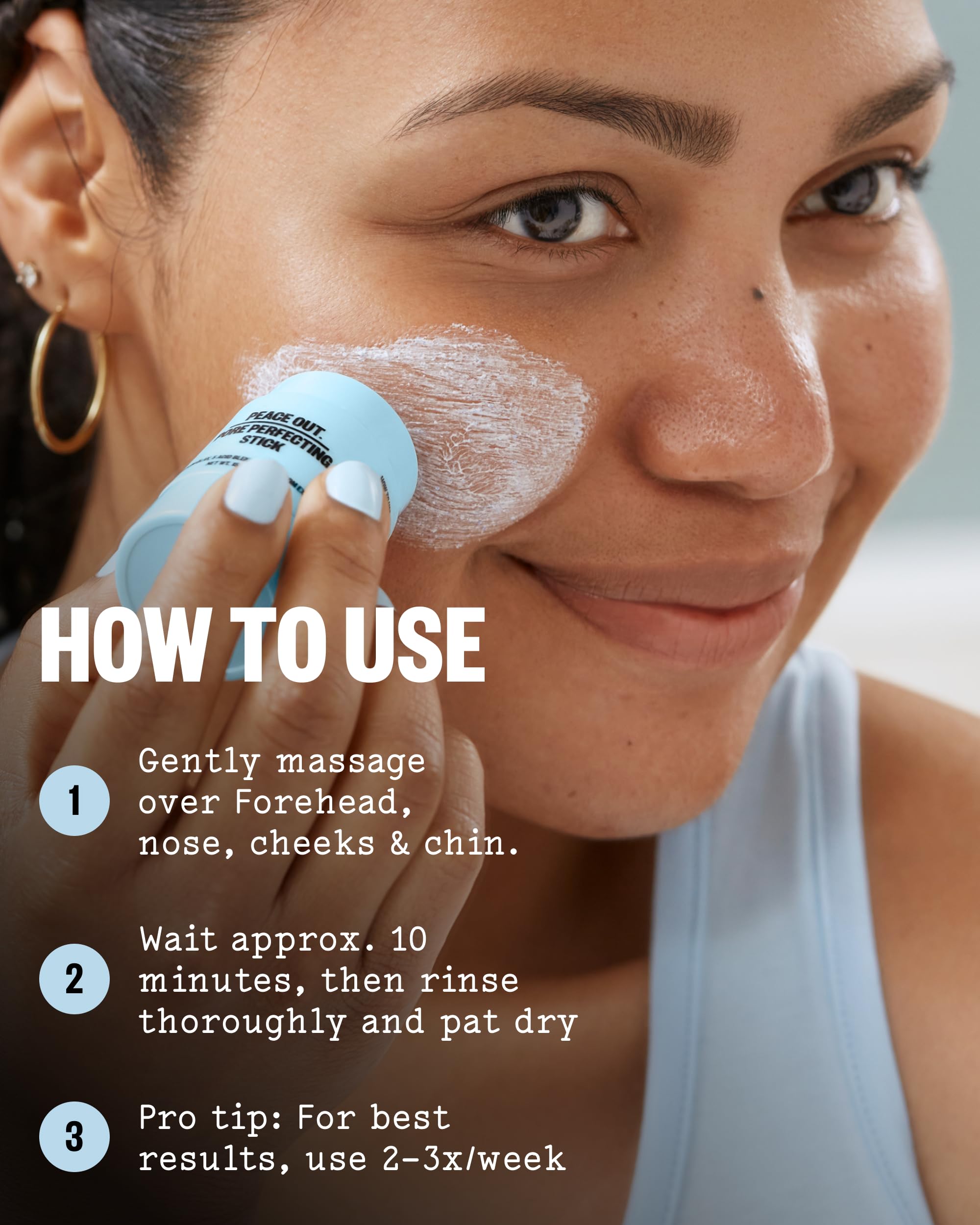 PEACE OUT stick being applied to nose to target pores and reduce excess oil