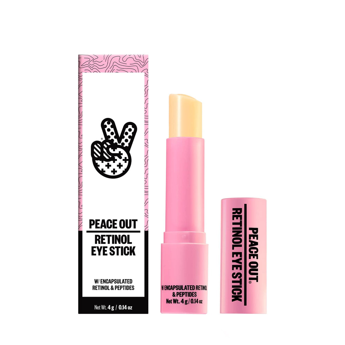 PEACE OUT retinol eye stick front packaging showing compact travel benefit