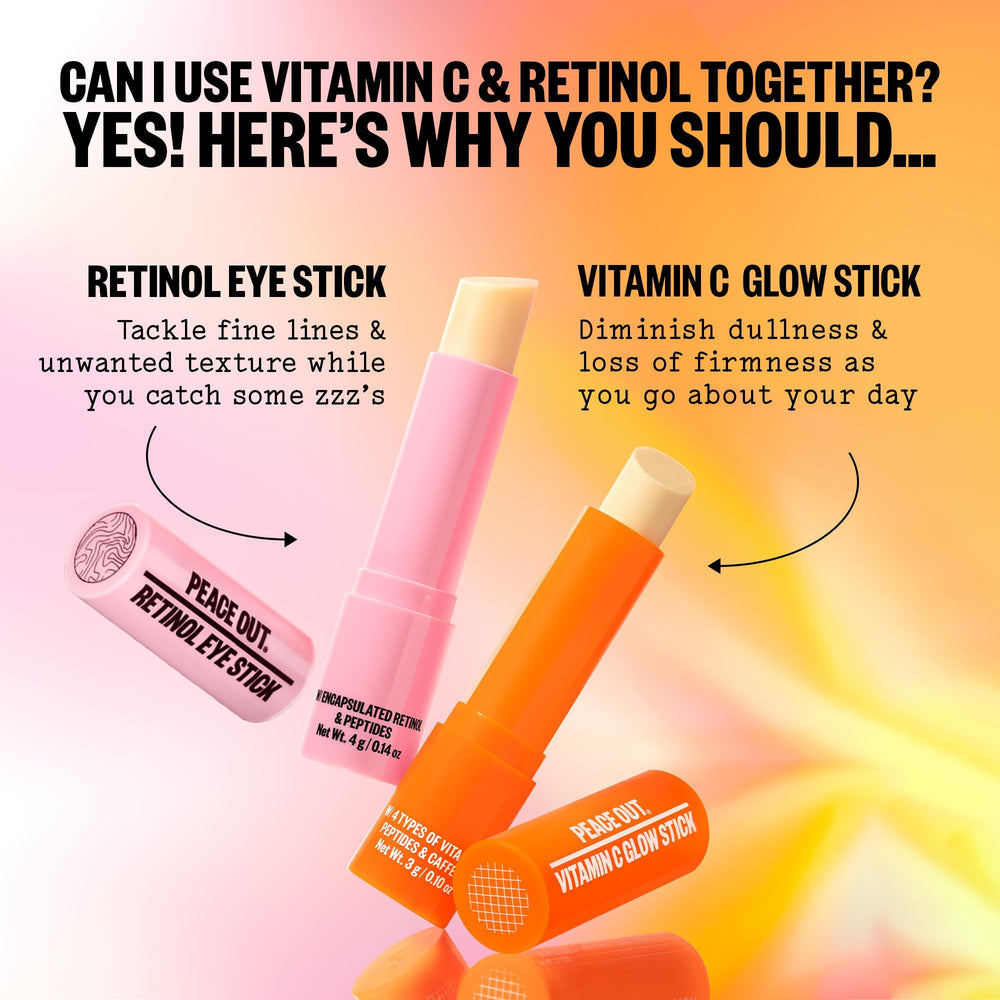 PEACE OUT retinol eye stick label showing key ingredients and supportive benefits