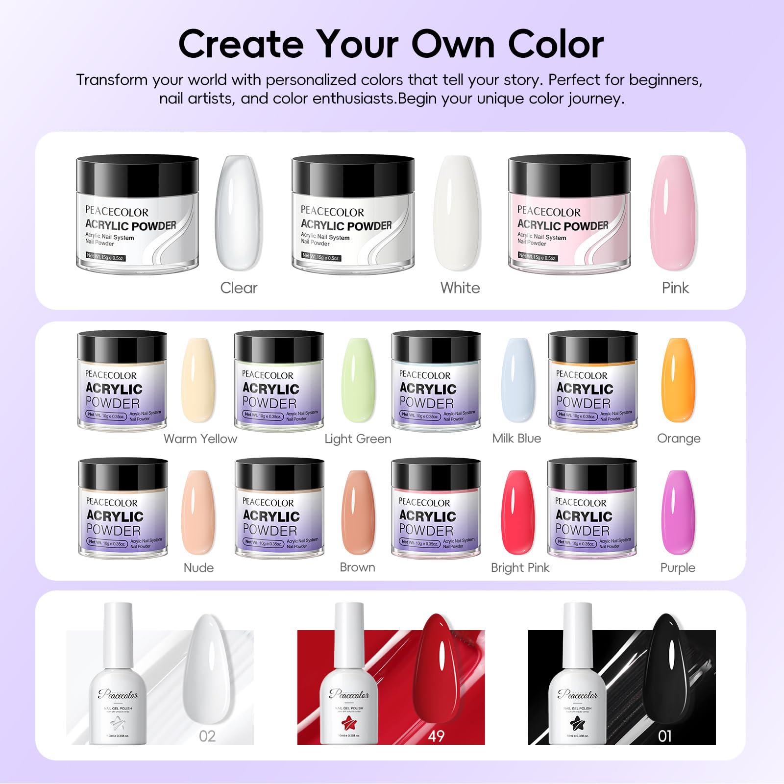 PEACECOLOR nail tips and tools layout including files and pushers, supports prep work