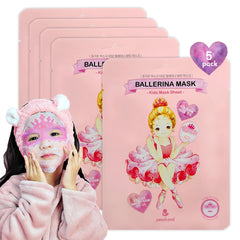 peach and front packaging showing five pink mini masks and playful print