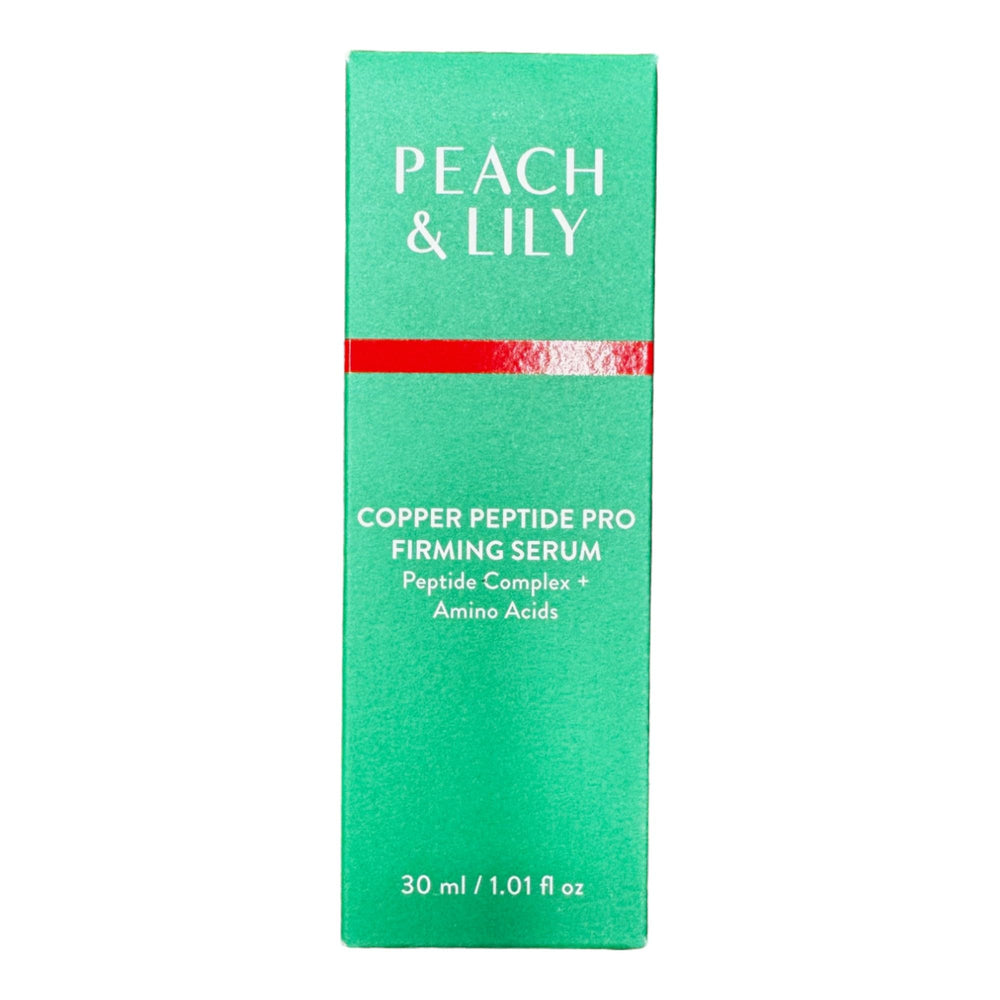 Peach & Lily front bottle showing blue serum and clear branding for visible firmness