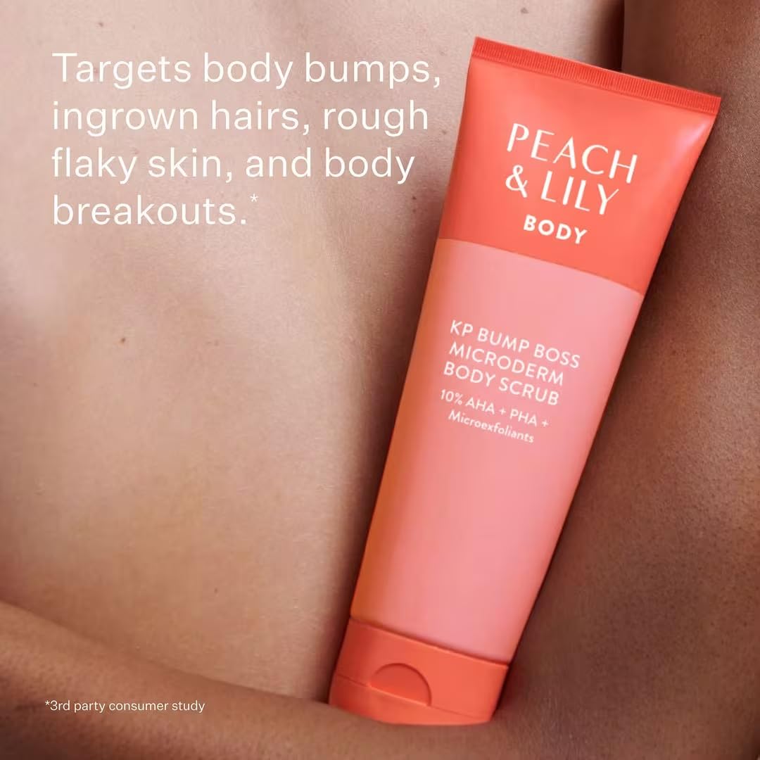 Peach & Lily product being massaged on wet skin in shower for visible smoothing benefit