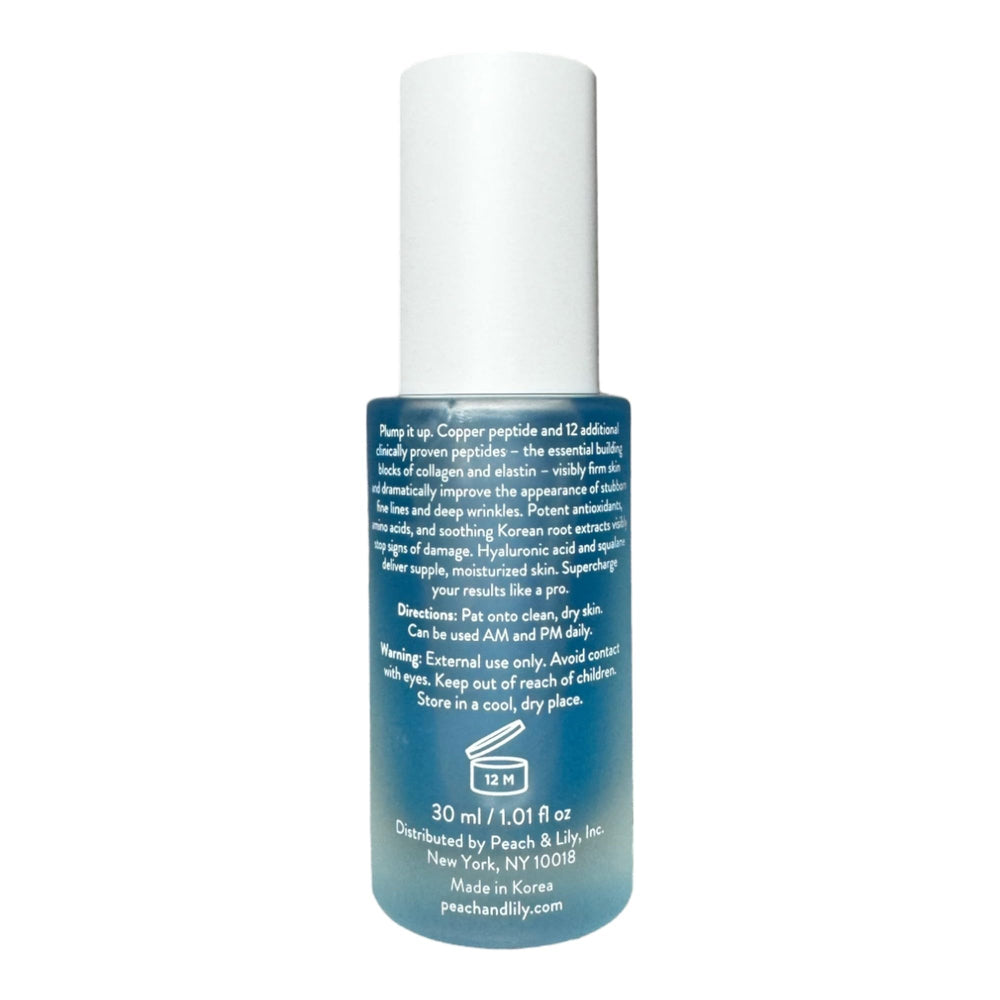 Peach & Lily blue serum drops on skin showing silky texture and instant hydration