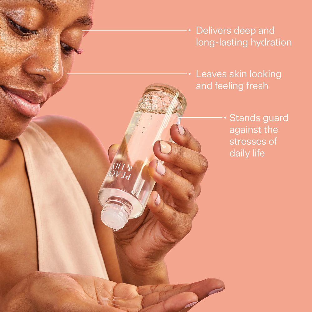 Peach & Lily bottle in a skincare flatlay demonstrating layering use