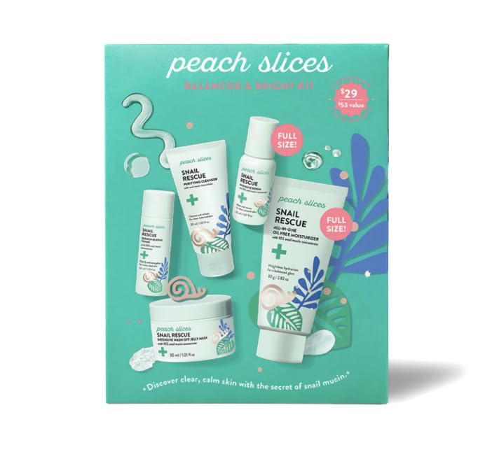 Peach Slices front packaging showing kit components and brightening benefit