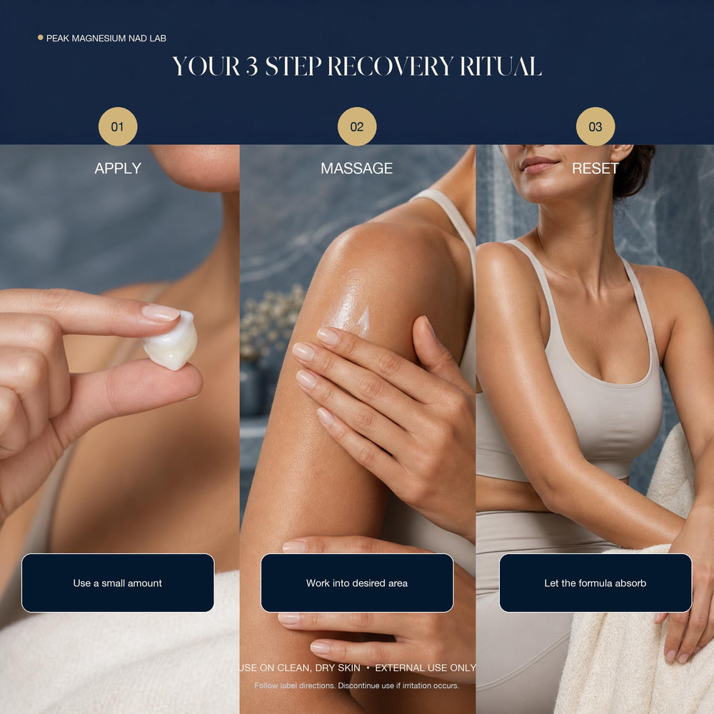 Peak Magnesium NAD Lab cream on hands demonstrating easy application and non-greasy feel
