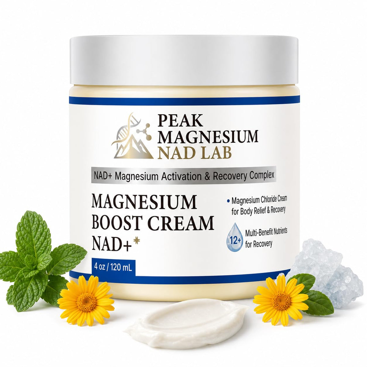 Peak Magnesium NAD Lab jar front view showing label and benefit of cooling relief