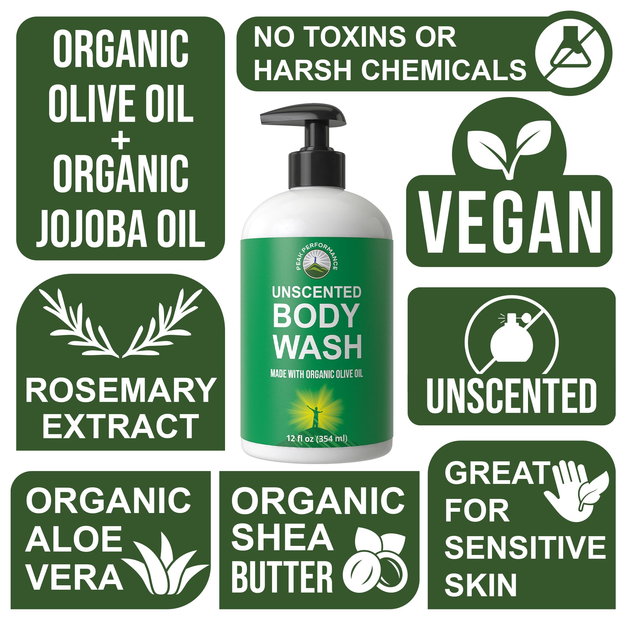 Peak Performance label close-up highlighting organic ingredients and vegan seal