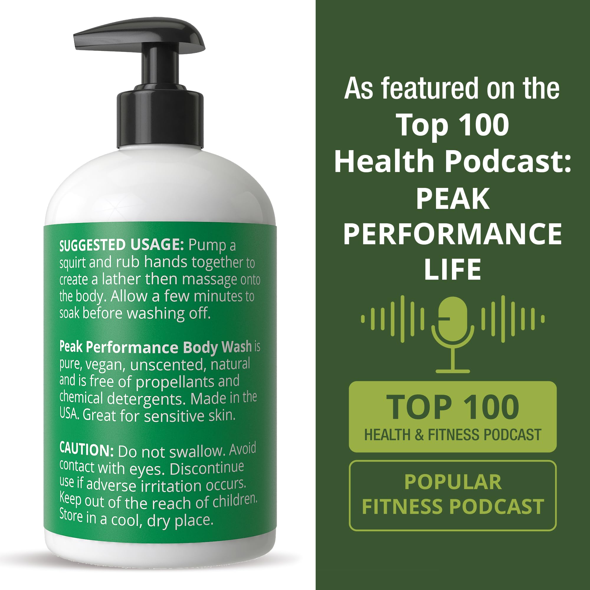 Peak Performance bottle next to hand for scale showing travel-friendly size