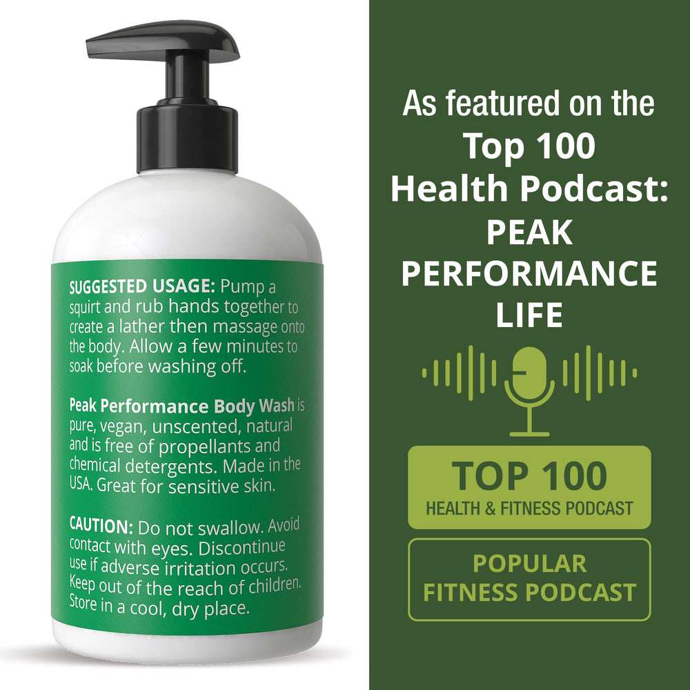 Peak Performance bottle next to hand for scale showing travel-friendly size