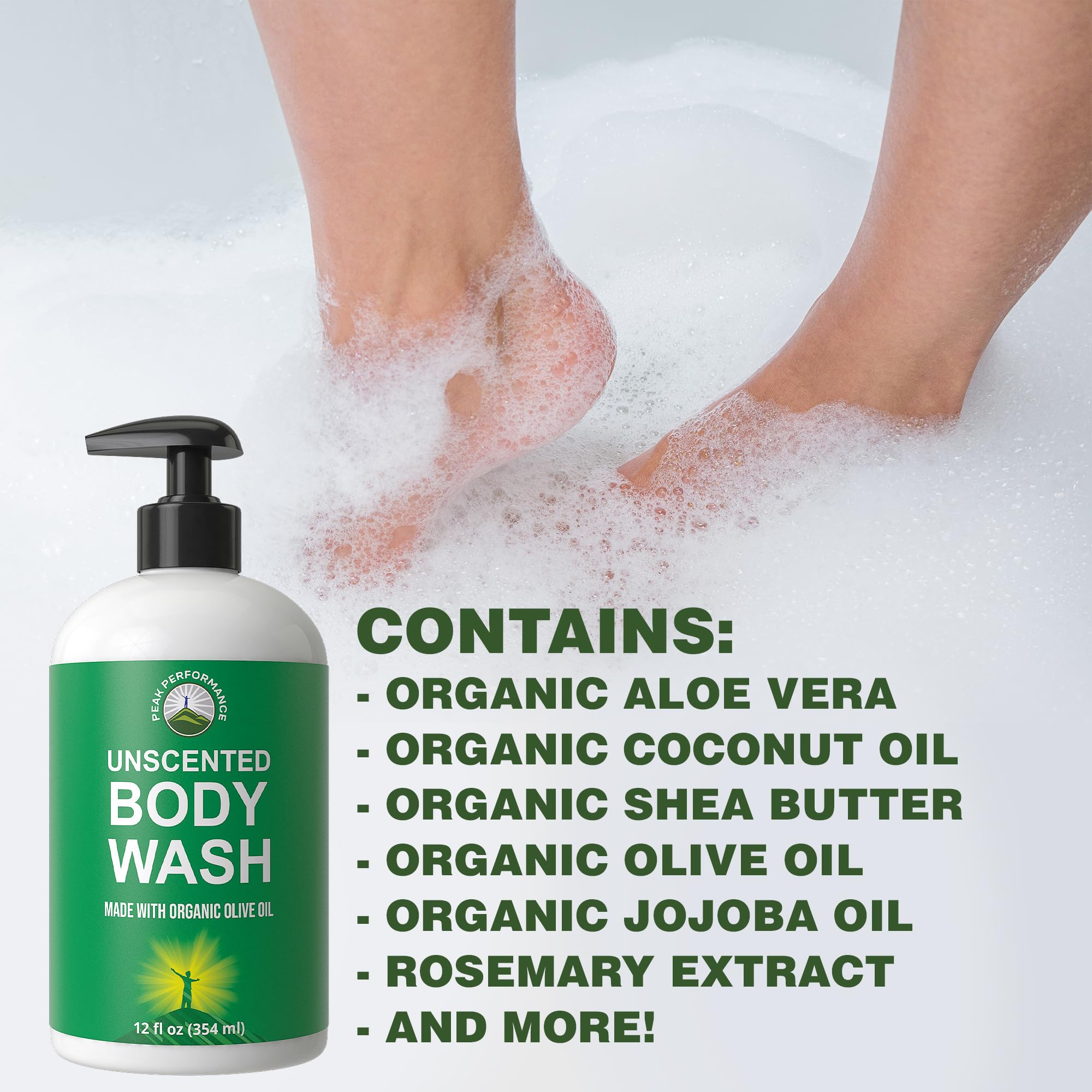 Peak Performance pump dispensing clear wash texture for gentle cleansing
