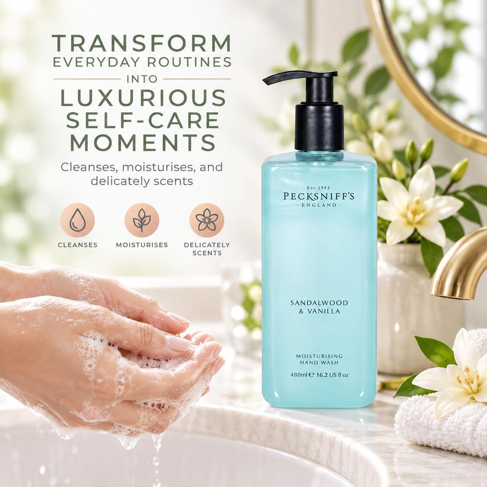 Pecksniff's bottle styled on bathroom sink showing decorative design and adds sophistication