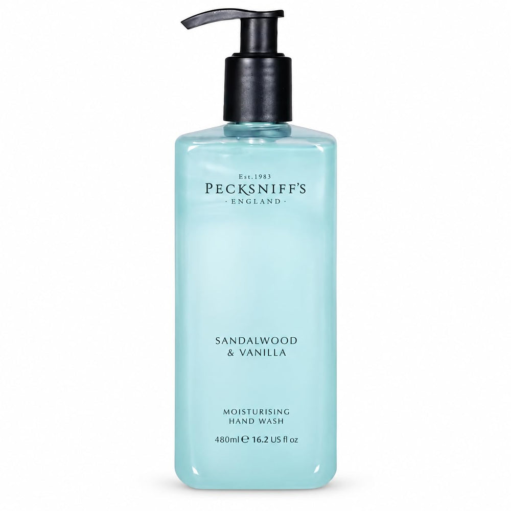 Pecksniff's front bottle image showing elegant Sandalwood & Vanilla packaging and premium look