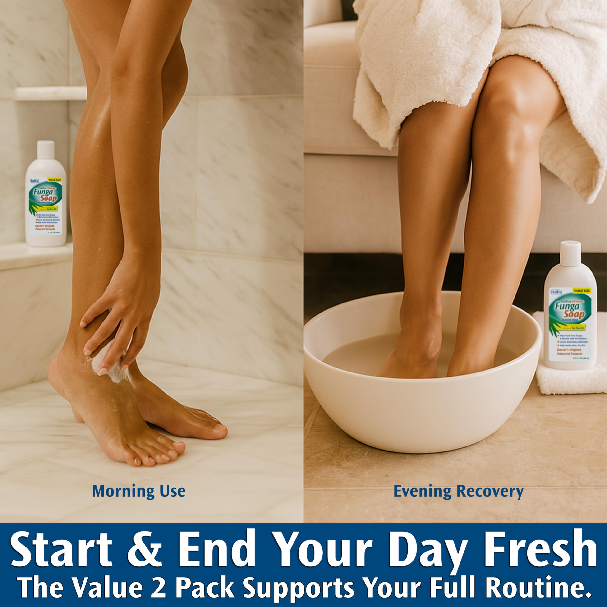 Pedifix FungaSoap foot soak in use with feet in bowl demonstrating targeted foot care benefit
