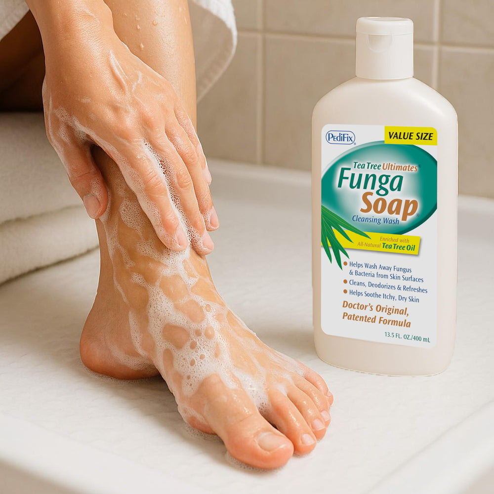 Pedifix being used on feet in shower showing targeted foot cleansing and freshness