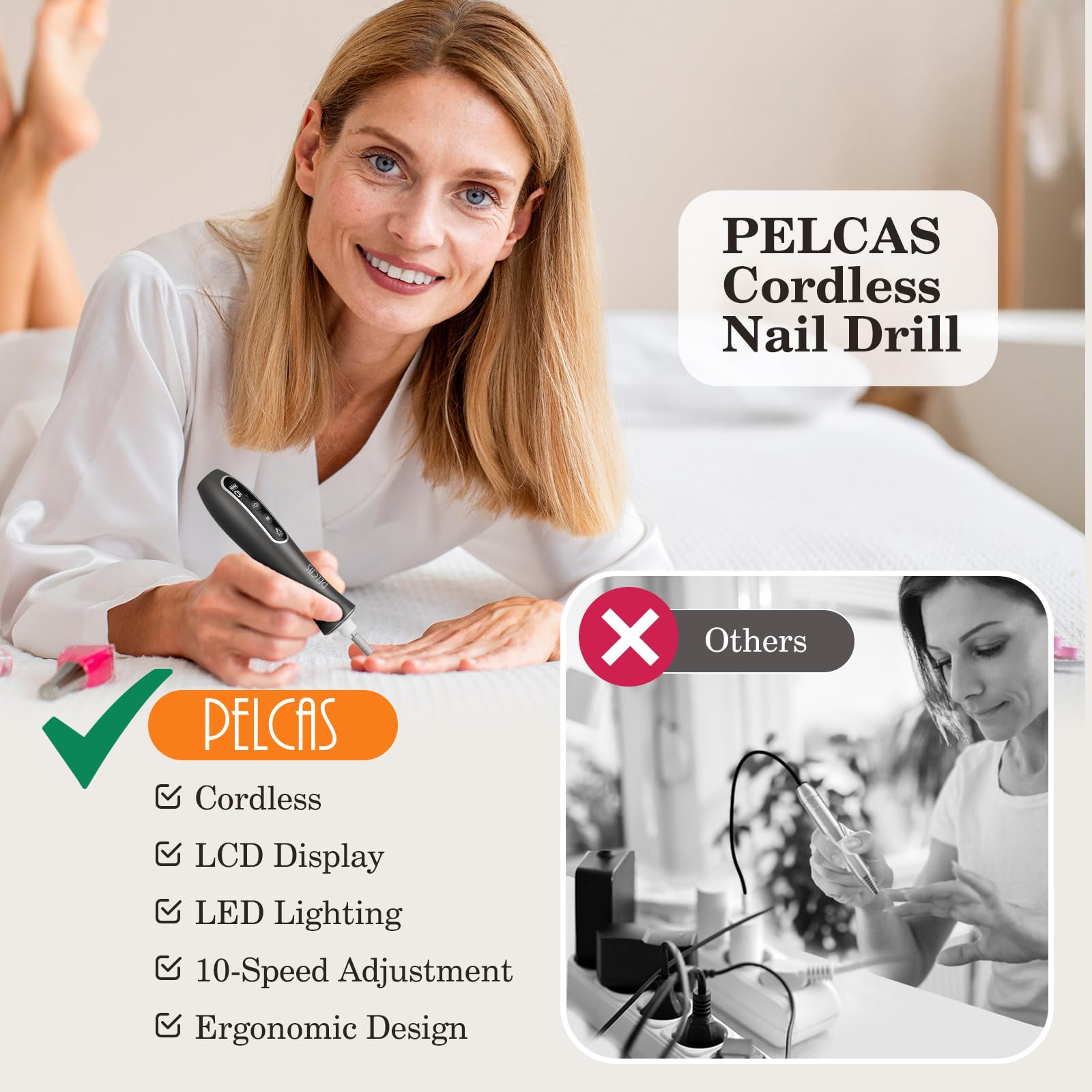 PELCAS displayed drill bits and 60 sanding bands for versatile nail tasks