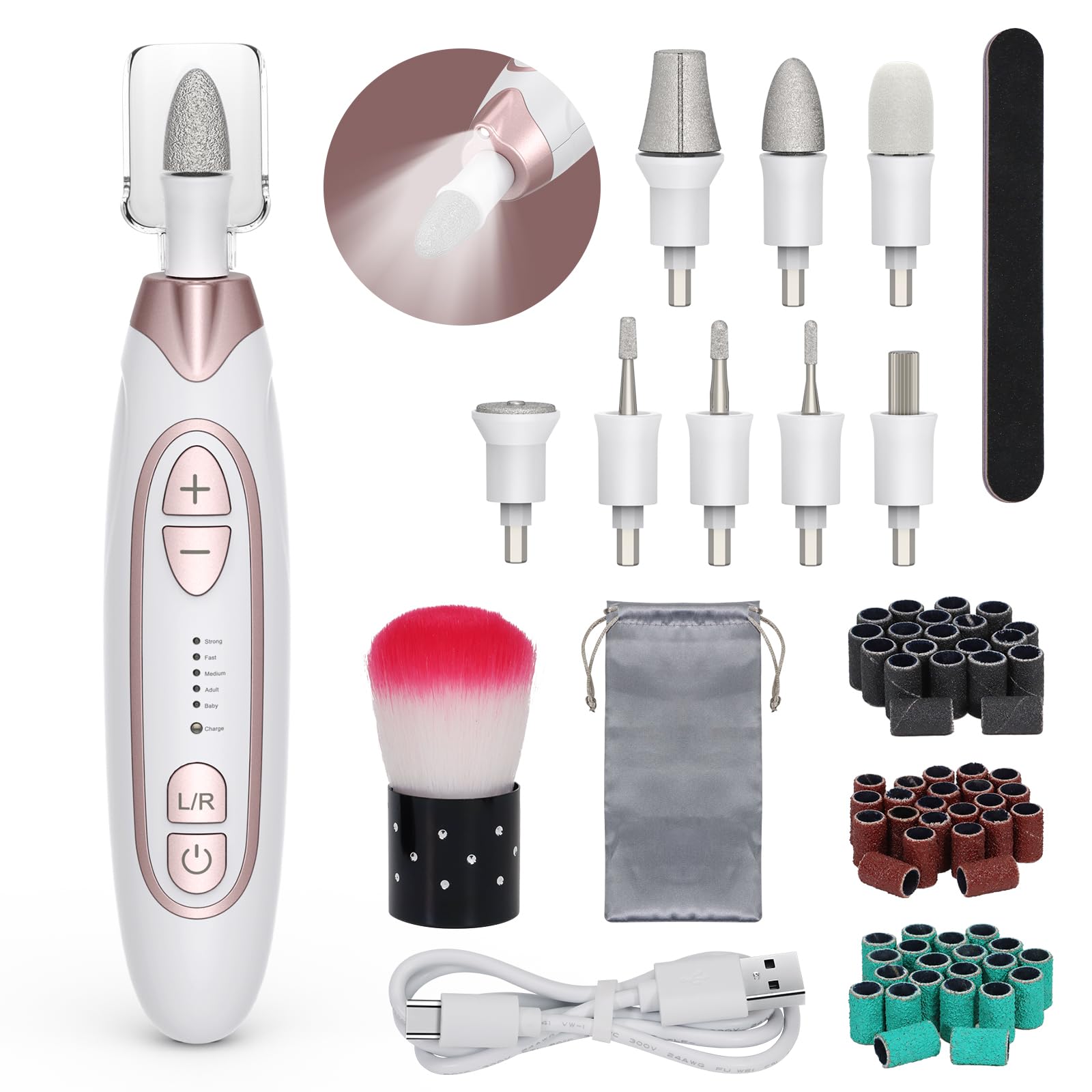 PELCAS front view showing compact cordless nail file, clear handling benefit