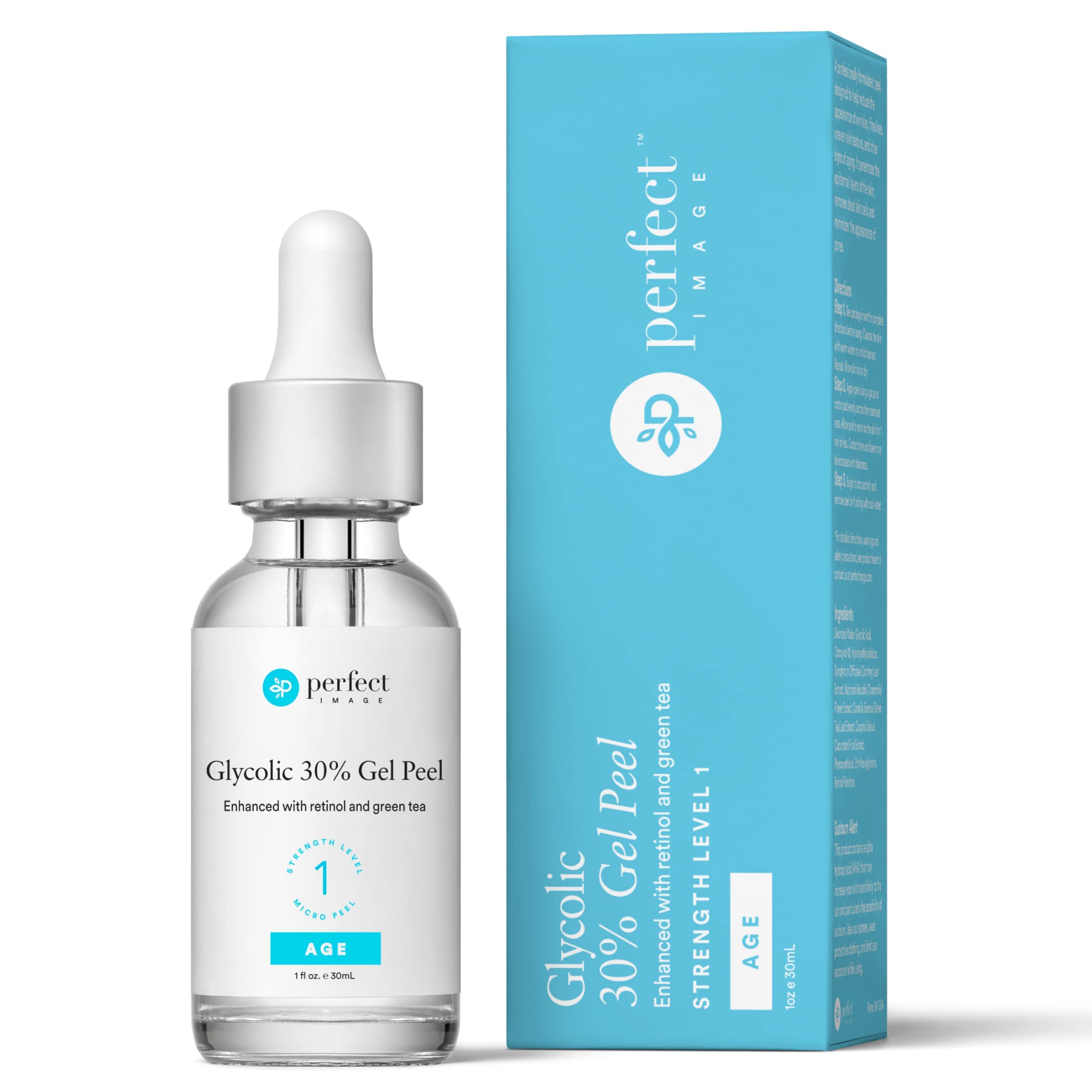 Perfect Image front packaging of 30% glycolic gel peel showing label and size benefits