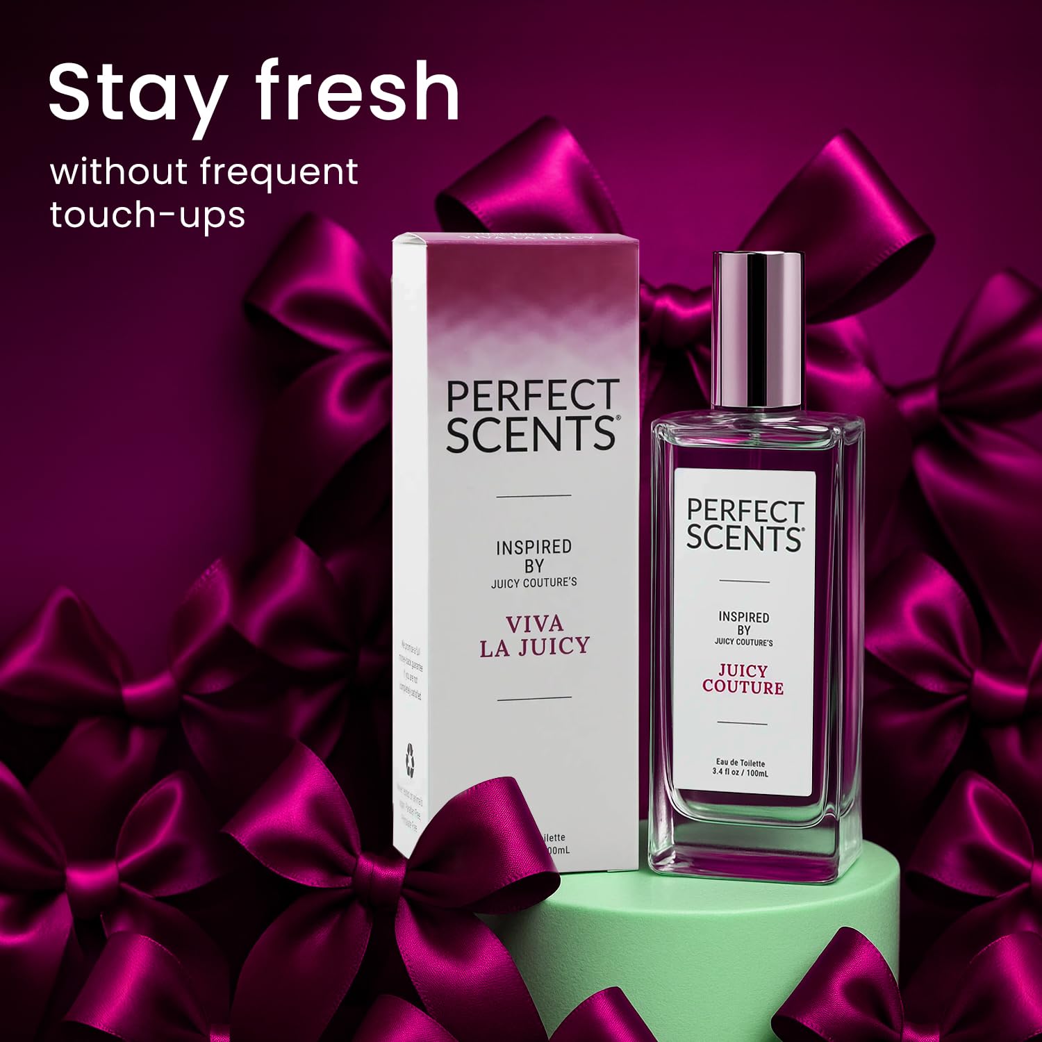 Perfect Scents bottle on a vanity styled with accessories to show everyday lifestyle use