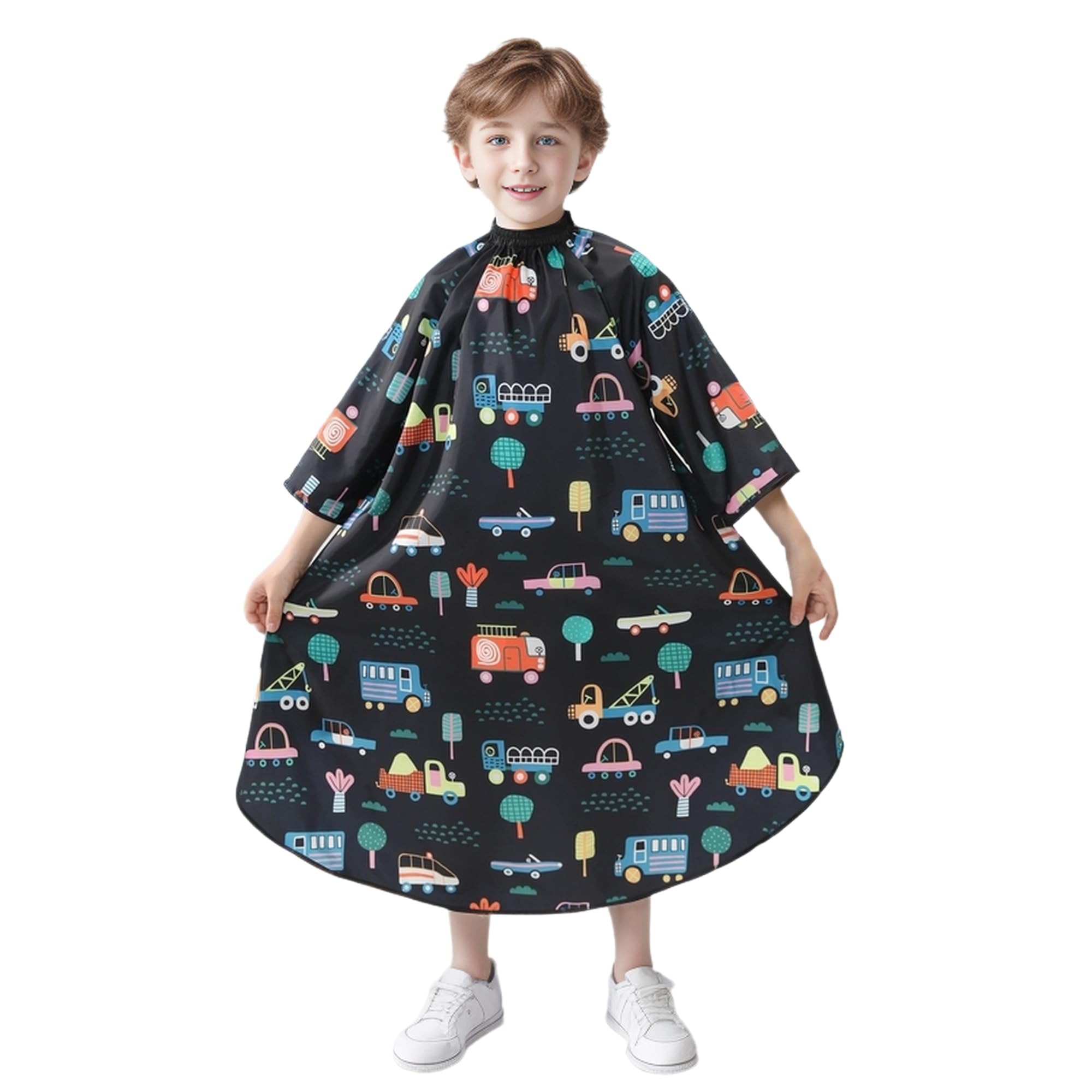PERFEHAIR front view of car-print cape showing full coverage and calm child benefit