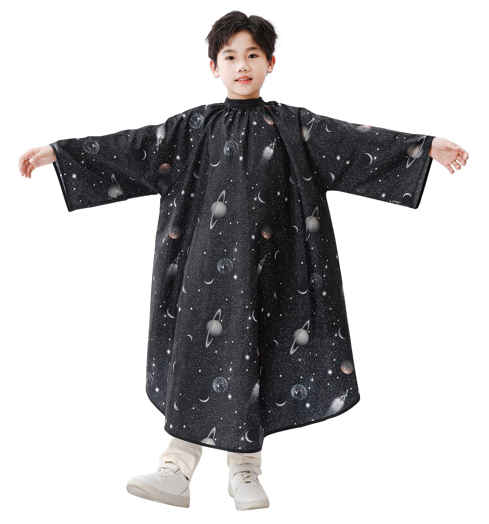 PERFEHAIR front view of kids cape showing full coverage and space print benefits