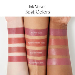 Peripera lip swatch on model illustrating high-pigment velvet color payoff and smooth look