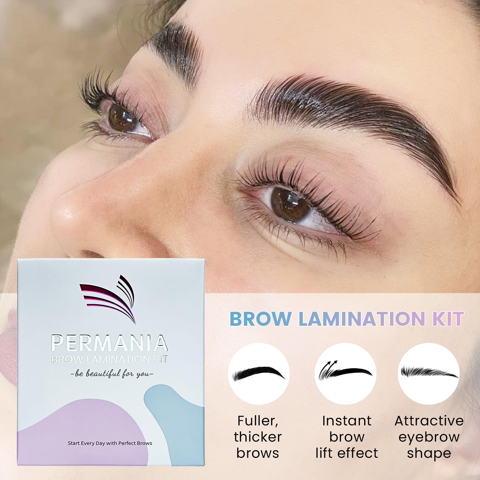 PERMANIA before and after brow lamination demonstrating fuller appearance