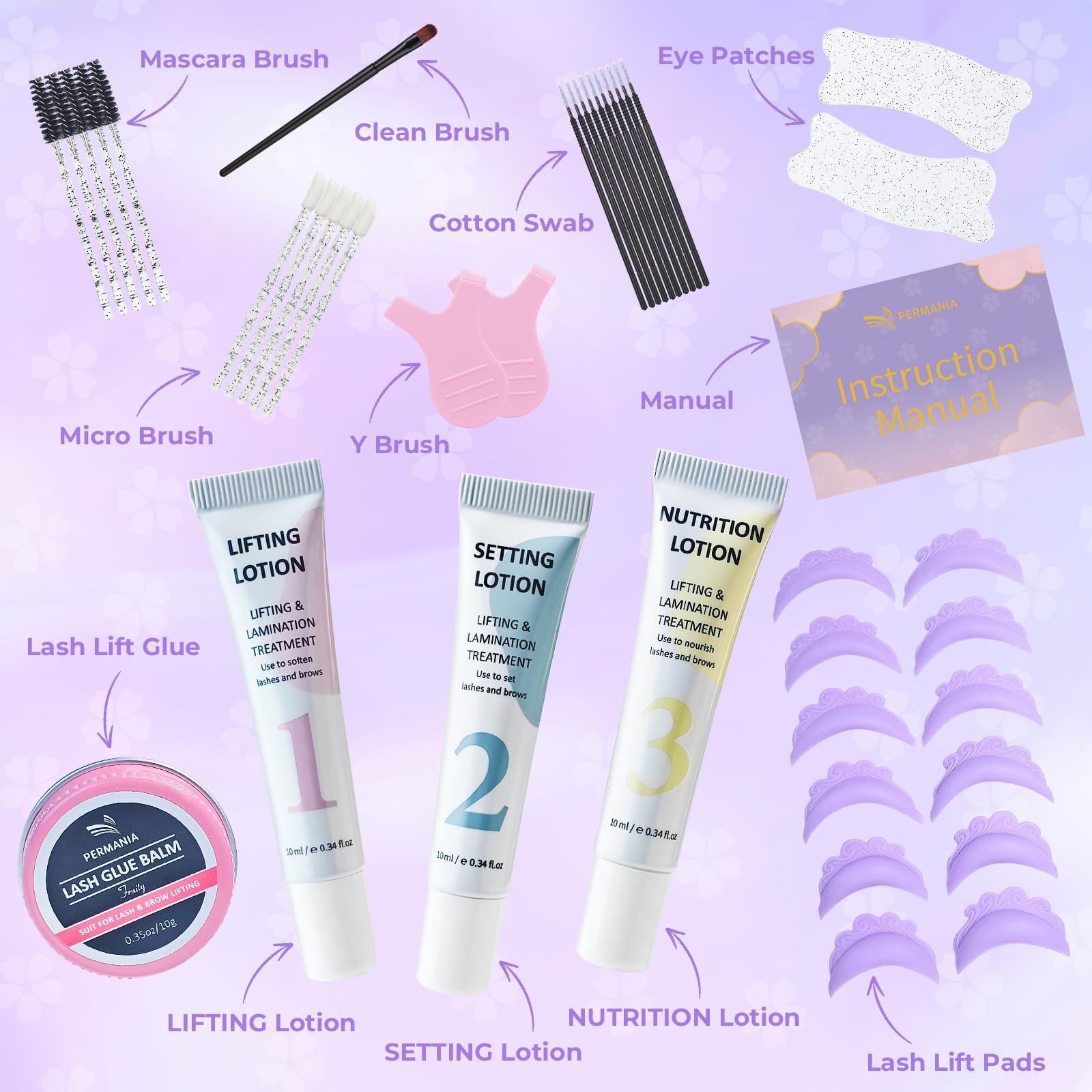PERMANIA six-size silicone pad set displayed to fit varied lash lengths and shapes