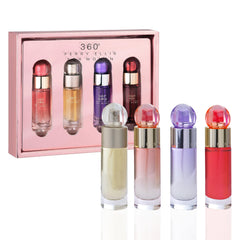 Perry Ellis 360° front packaging showcasing four gift-ready bottles and variety