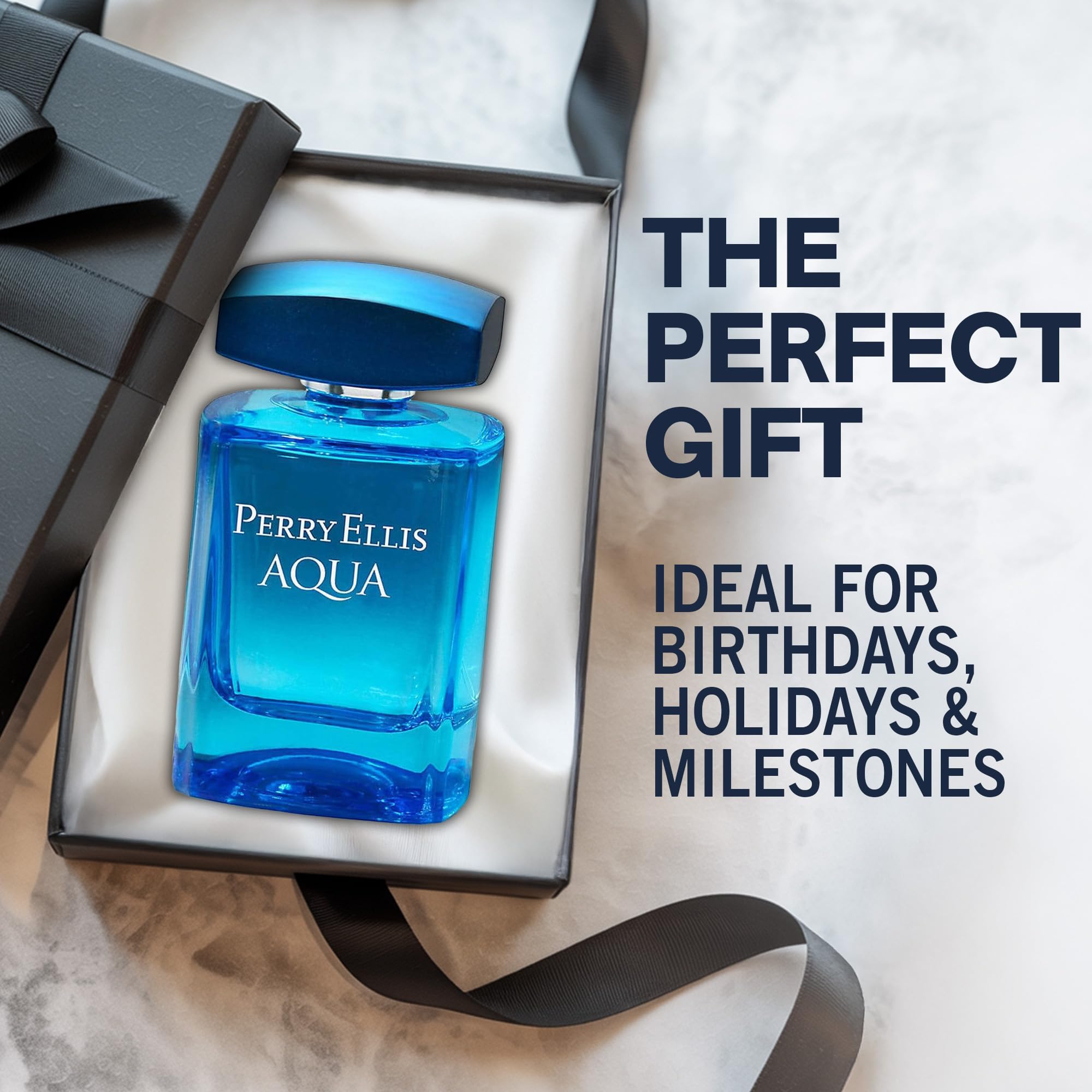 Perry Ellis Aqua bottle on a beach setting suggesting fresh, warm-weather wear