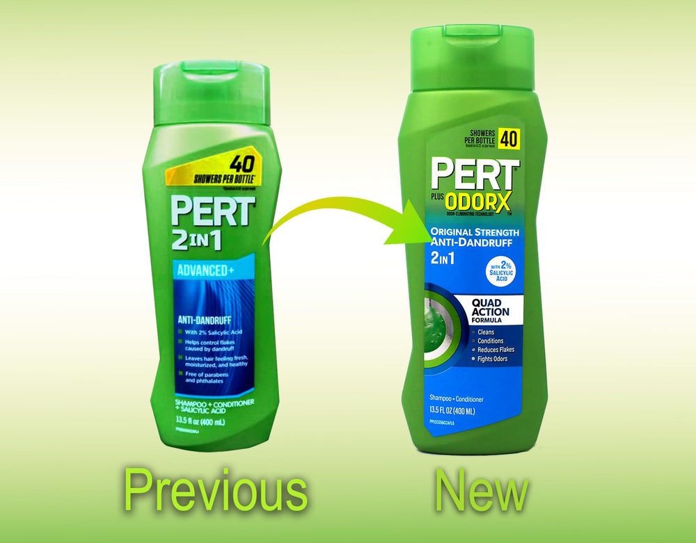 Pert bottle closeup label showing formula name and anti-dandruff benefit