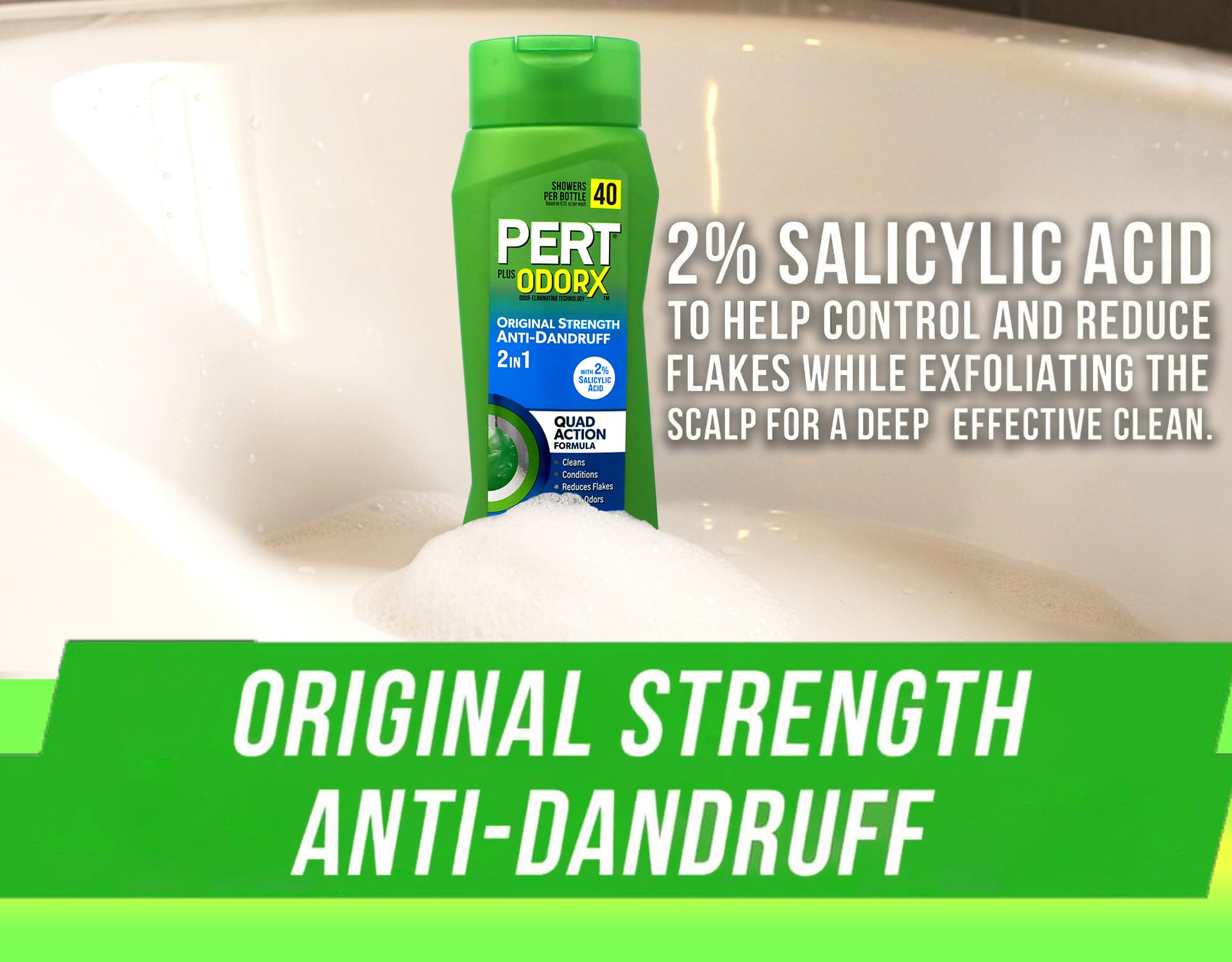 Pert label ingredients closeup highlighting active anti-flake properties