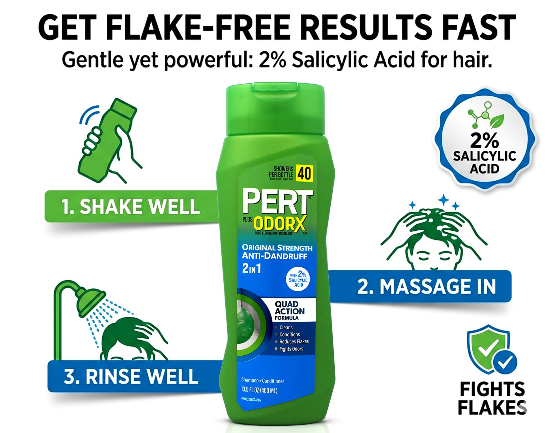 Pert shampoo in shower scene showing quick one-step clean and condition