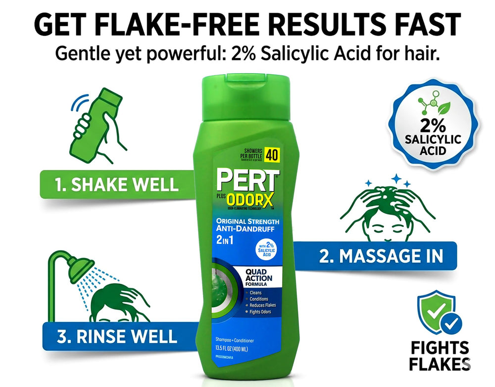 Pert shampoo in shower scene showing quick one-step clean and condition