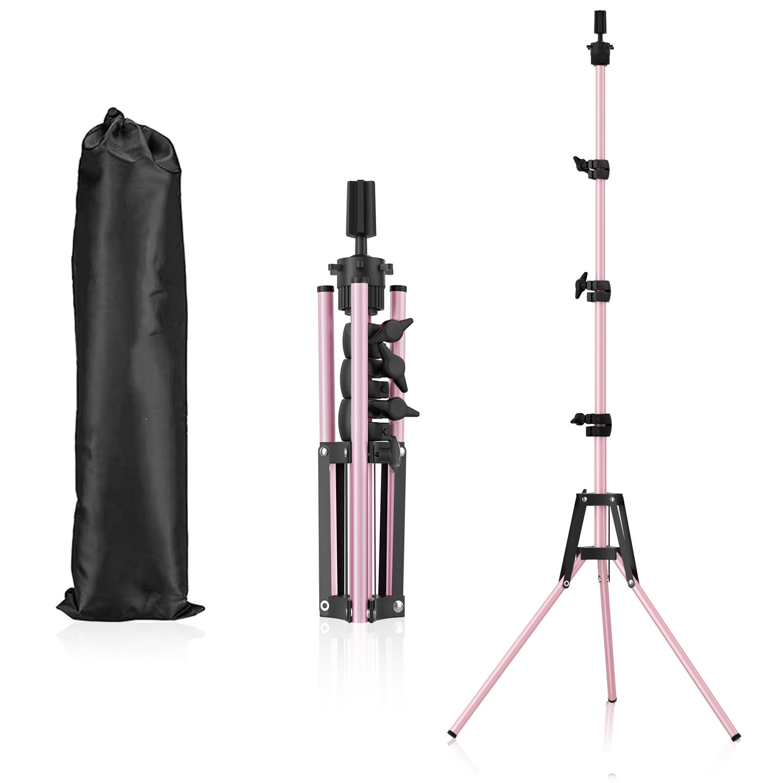 Pet Baby front view of pink mannequin head stand showing stable tripod base and finish