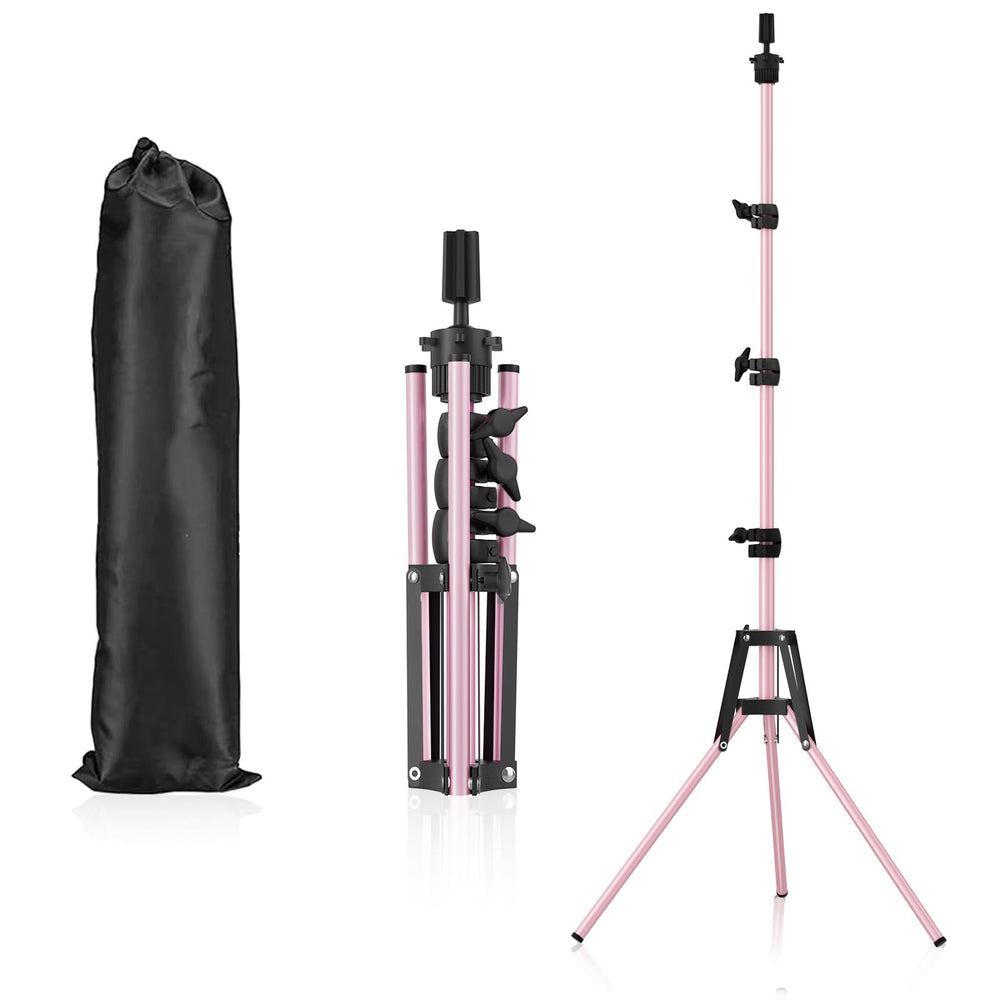 Pet Baby front view of pink mannequin head stand showing stable tripod base and finish
