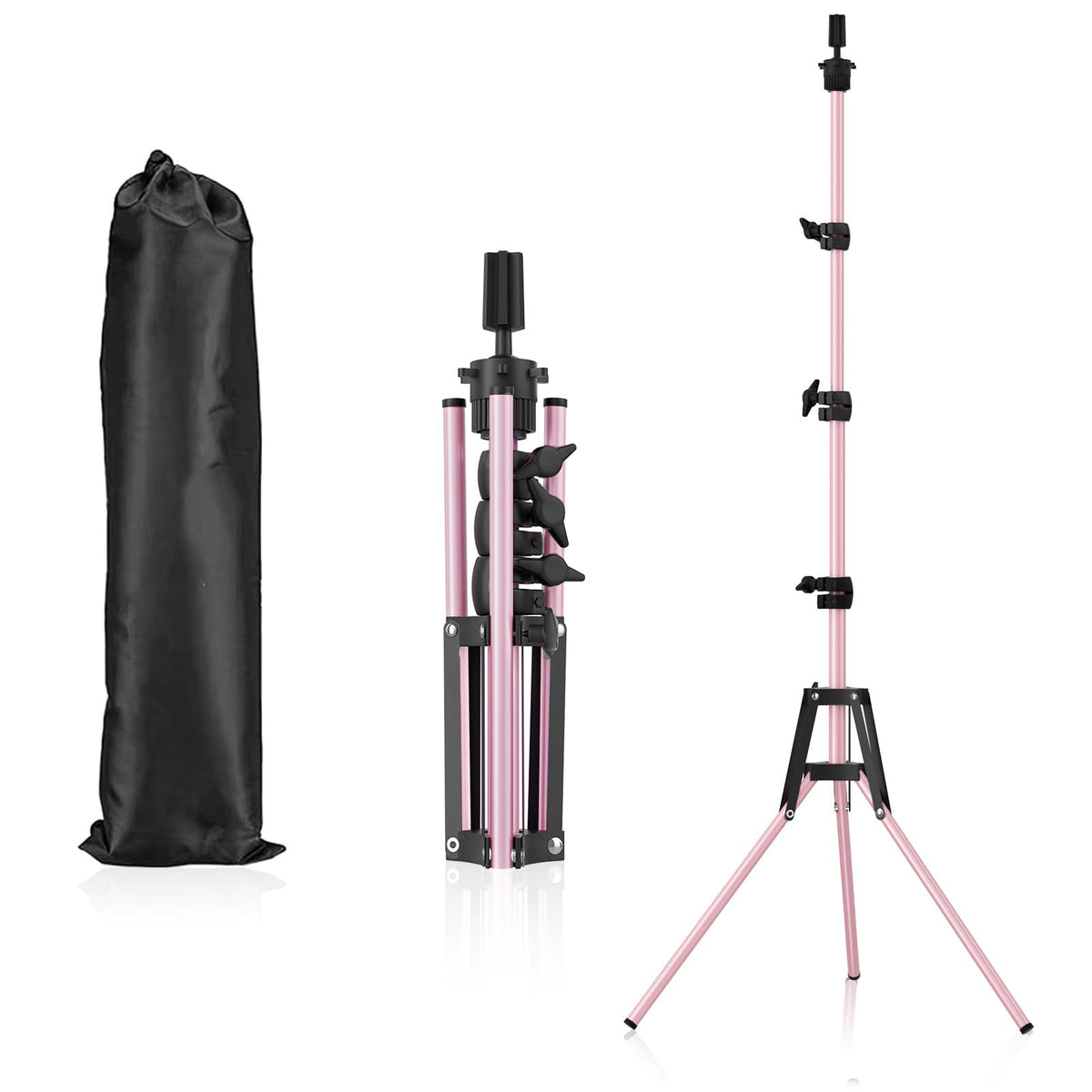 Pet Baby front view of pink mannequin head stand showing stable tripod base and finish