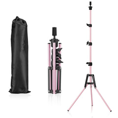 Pet Baby front view of pink mannequin head stand showing stable tripod base and finish