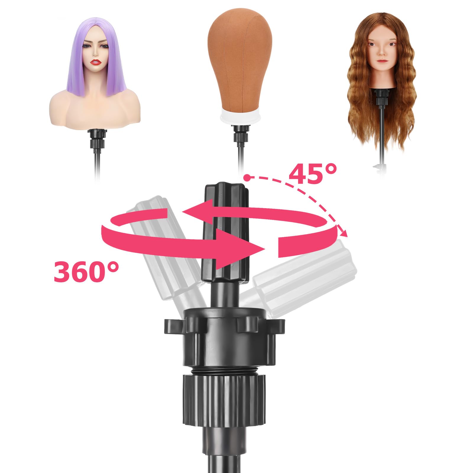 Pet Baby mannequin head mounted on stand while styling for hands-free precision