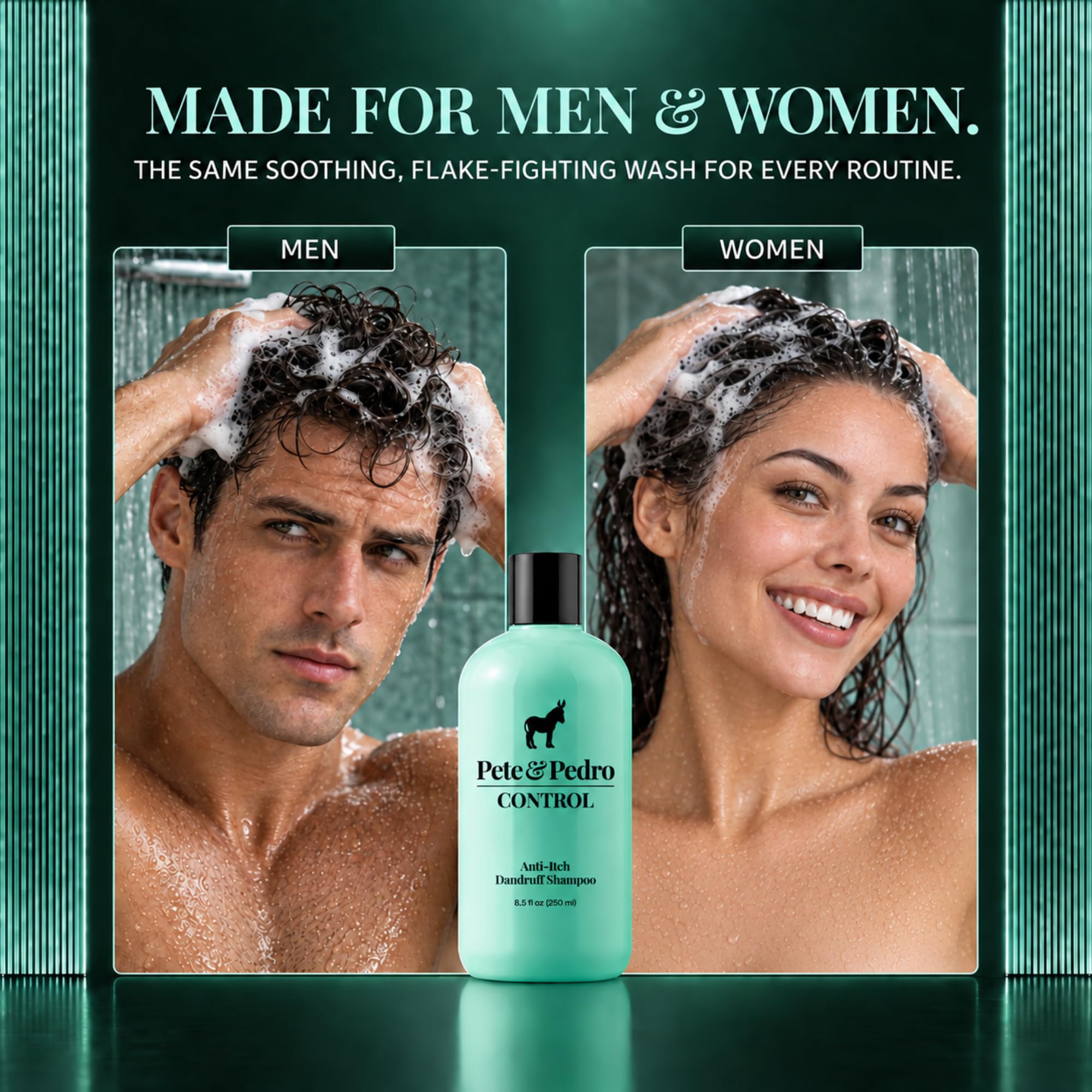 Pete & Pedro man applying shampoo in shower for itch relief