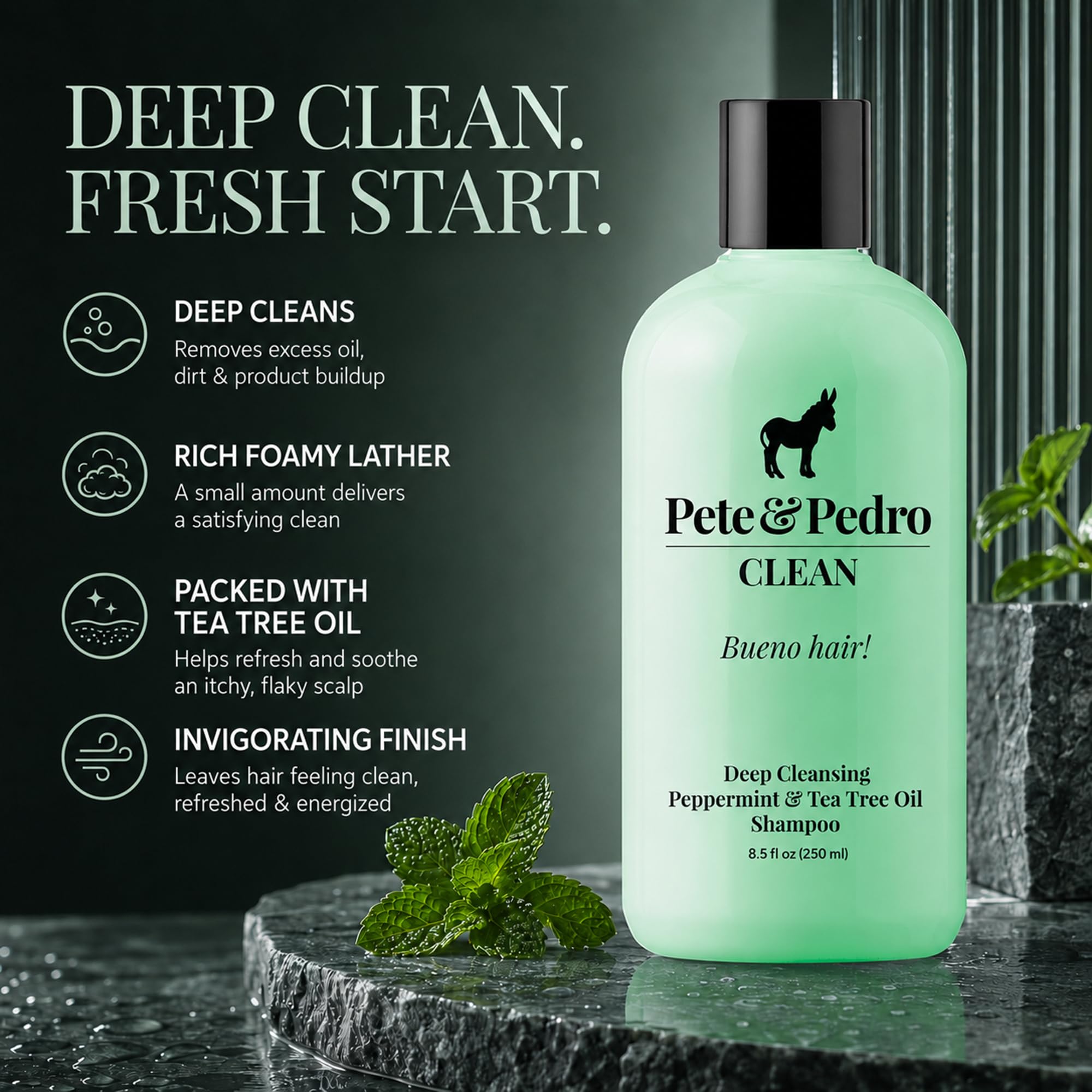 Pete & Pedro label close-up highlighting tea tree and peppermint ingredients benefits