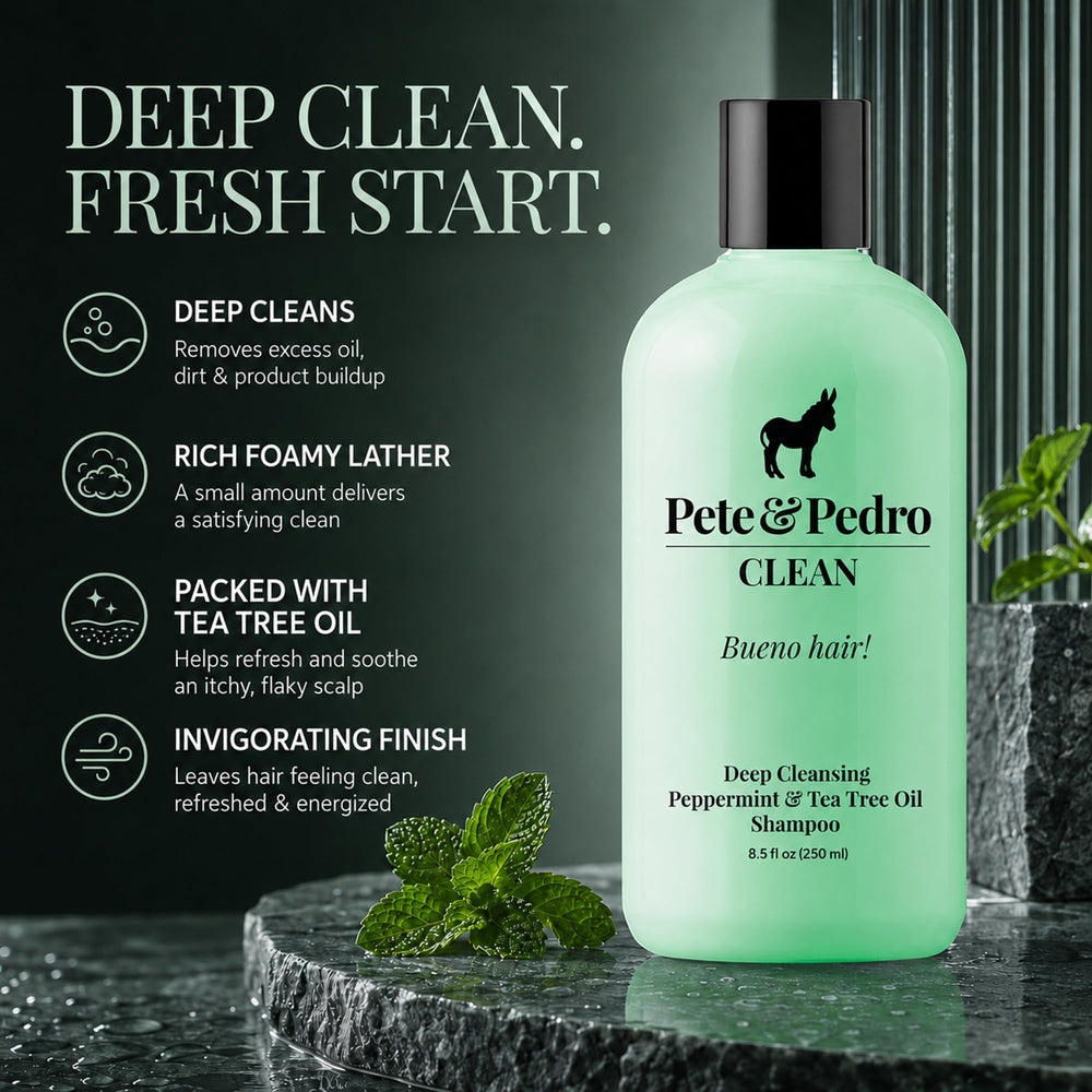 Pete & Pedro label close-up highlighting tea tree and peppermint ingredients benefits