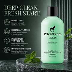 Pete & Pedro label close-up highlighting tea tree and peppermint ingredients benefits