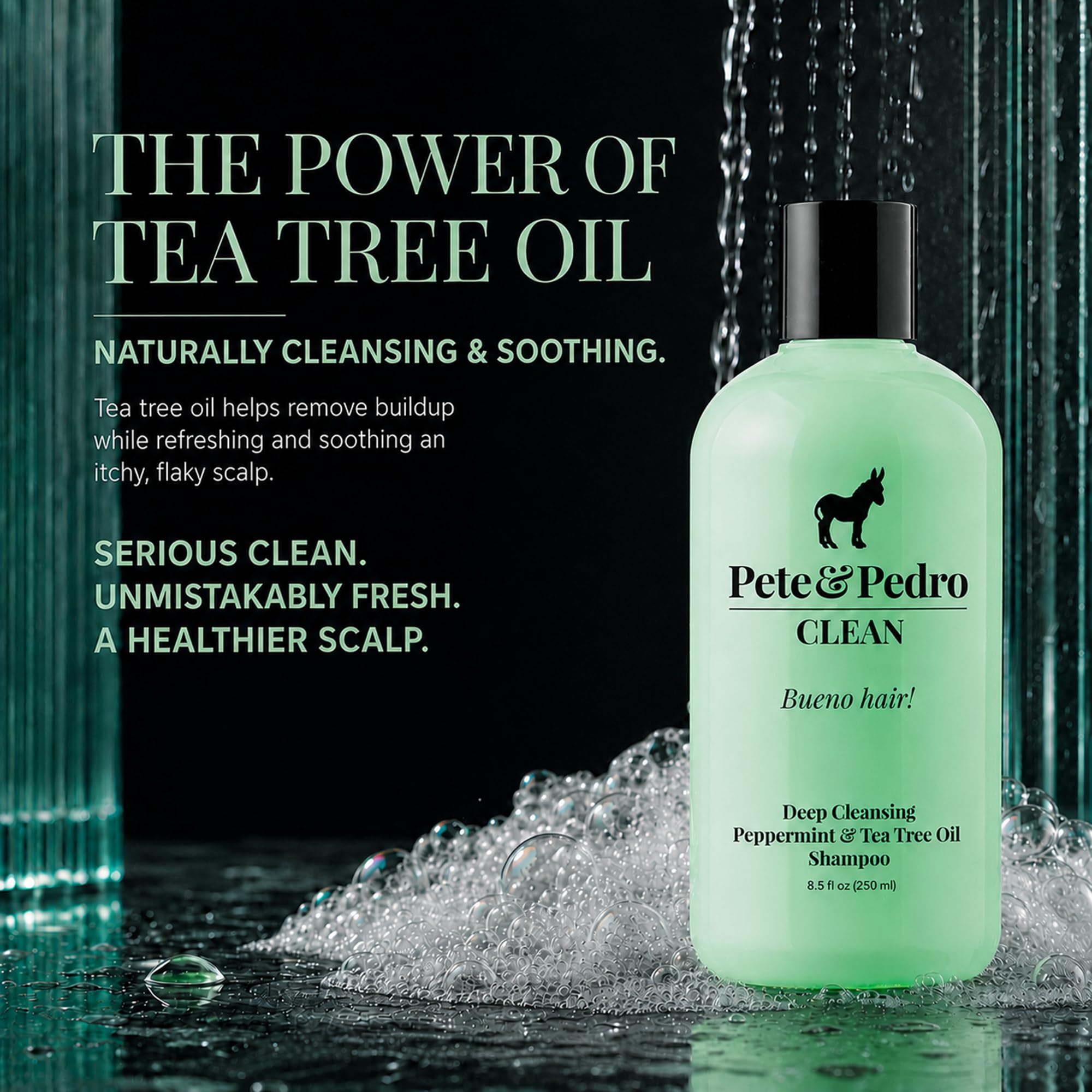 Applying Pete & Pedro Clean to scalp showing invigorating peppermint refresh benefit