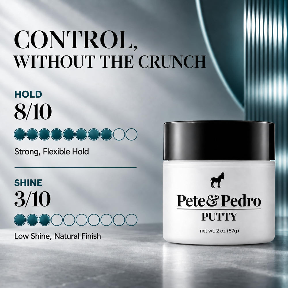 Pete & Pedro putty styled in hair side profile showing natural matte finish