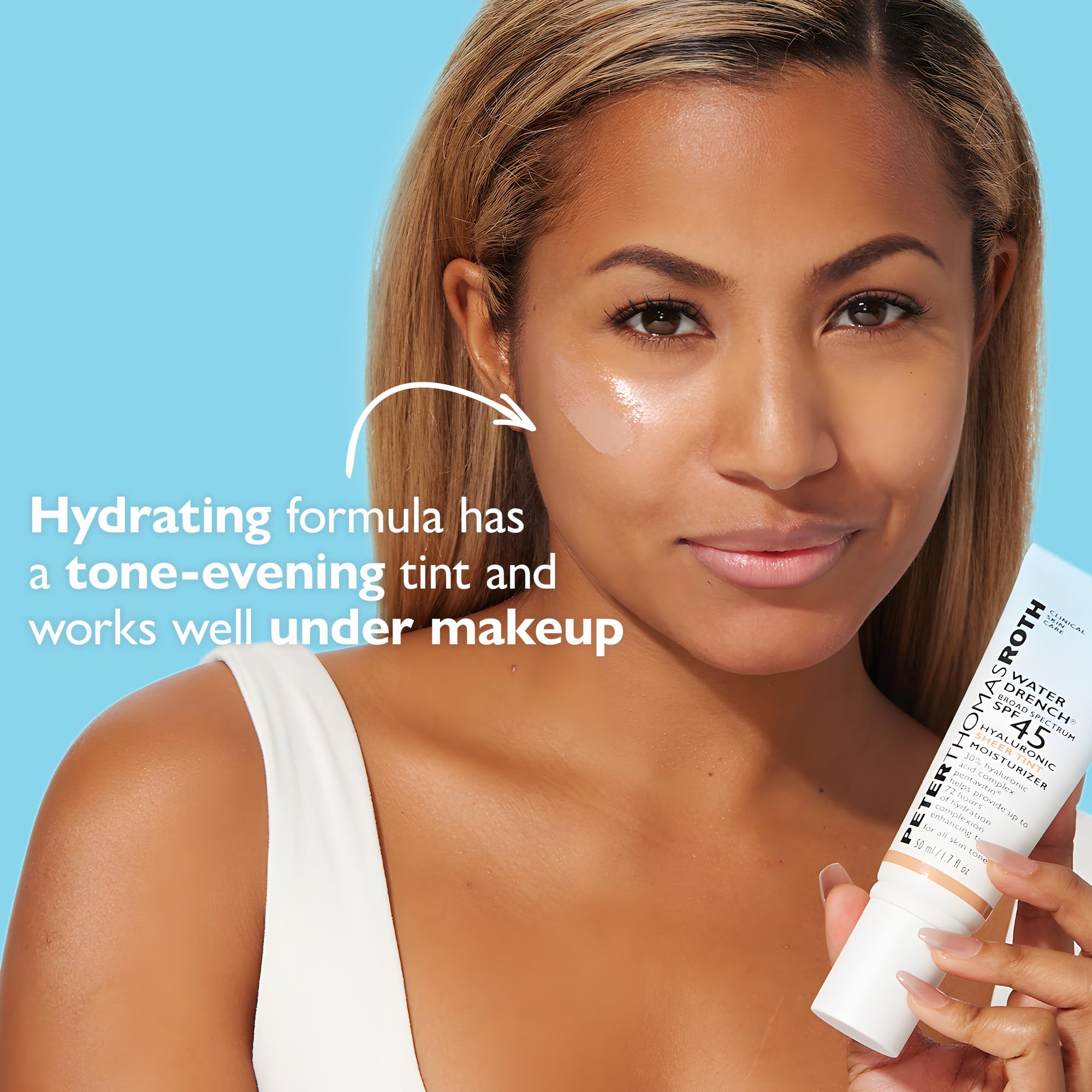Peter Thomas Roth moisturizer applied on model face for lightweight finish