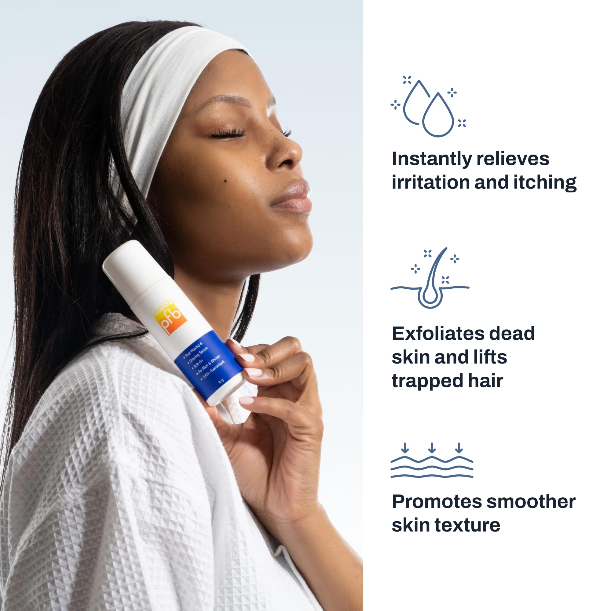 PFB Vanish serum drop on fingertip showing lightweight texture and fast absorption benefit