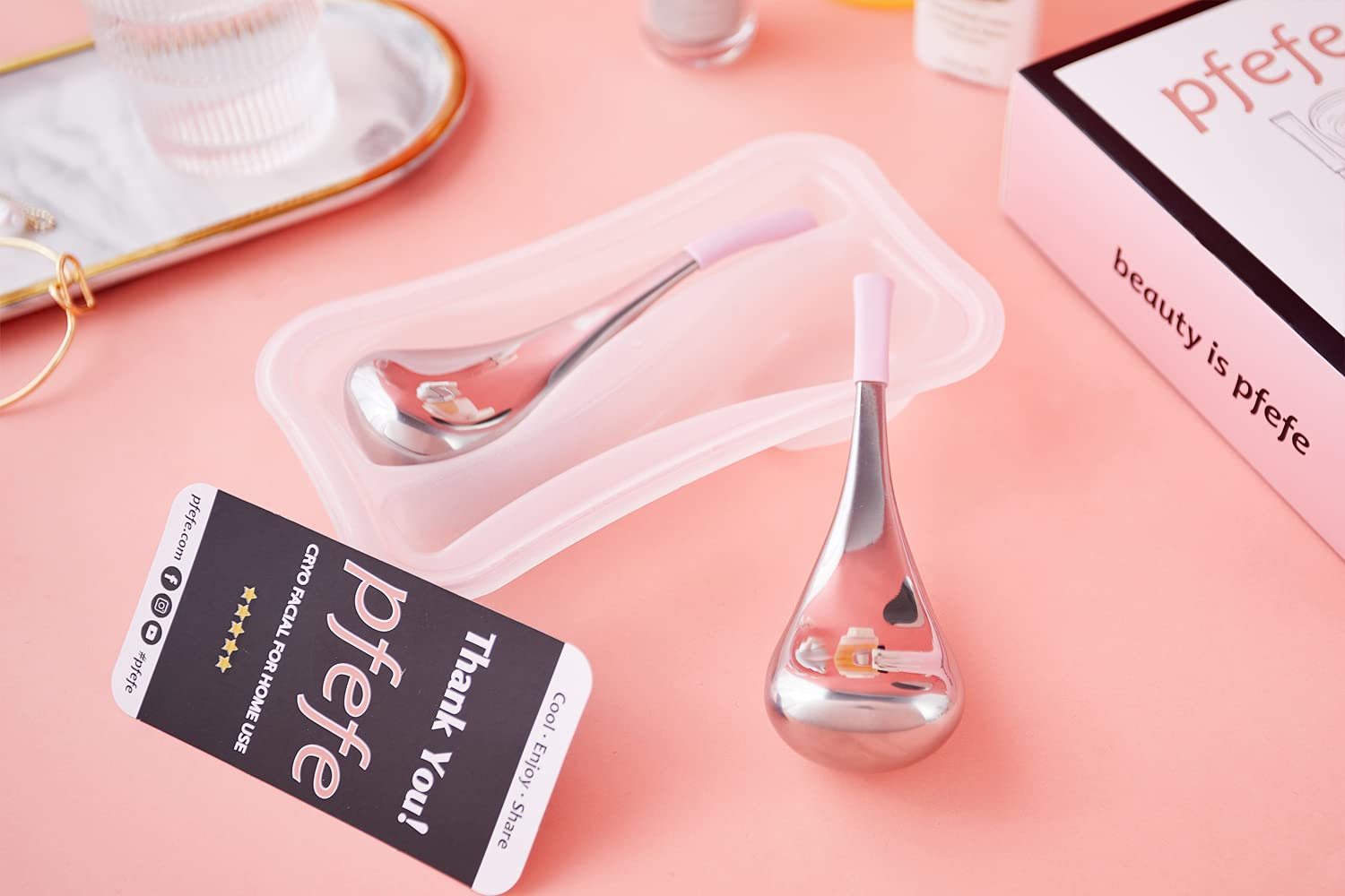 pfefe ice globes displayed on bathroom counter for daily skincare ritual