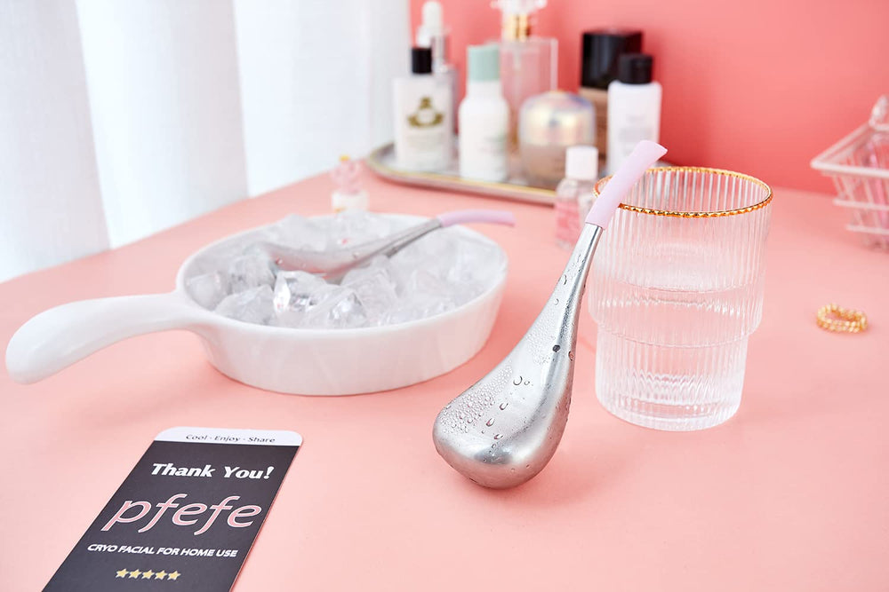 pfefe rolling cryo stick over cheekbone to boost product absorption and tone